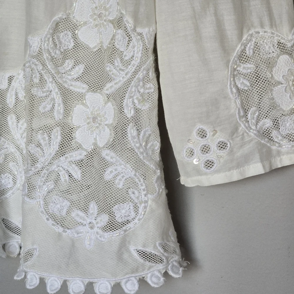 Anthropologie Maeve Cream Silk Embroidered Lace Women's Boho Feminine Fairy Top